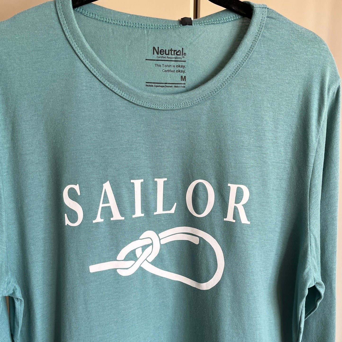 Langermet t-skjorte med SAILOR og pålestikk, teal, M